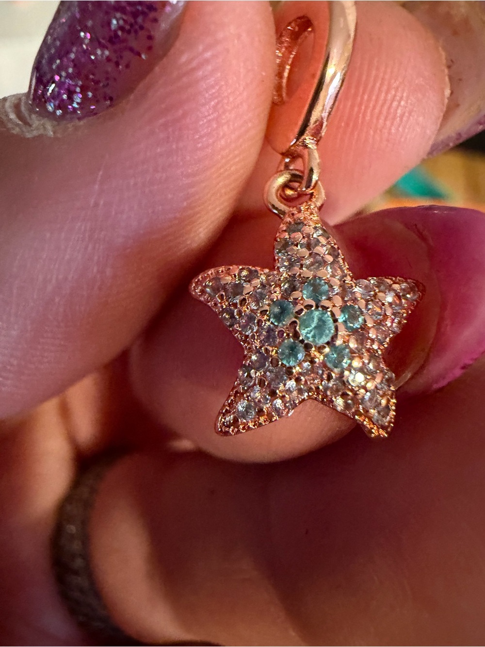 Pandora Rose Gold Star Charm Bracelet Accent with Aqua Stones